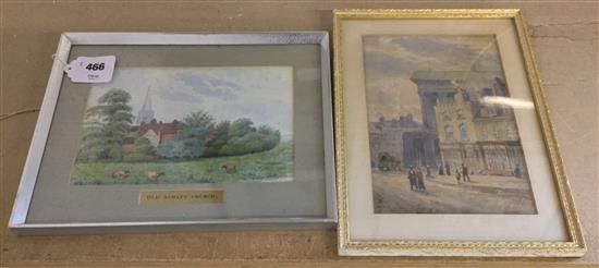 H E Nock, Town Hall, Birmingham, c 1870 & another watercolour, Old Sawles Church(-)